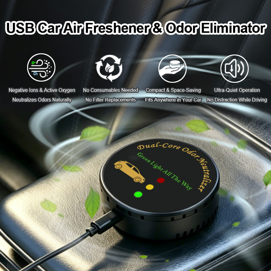 Odor Eliminator Car - เครื่องฟอกอากาศในรถยนต์, ไม่ต้องใช้ไส้กรอง, ใช้งานง่ายด้วยการเสียบ USB, เครื่องกำจัดกลิ่นอัตโนมัติที่เริ่มและหยุดทำงานเอง, เครื่องฟอกอากาศในรถยนต์ขนาดกะทัดรัดประหยัดพื้นที่