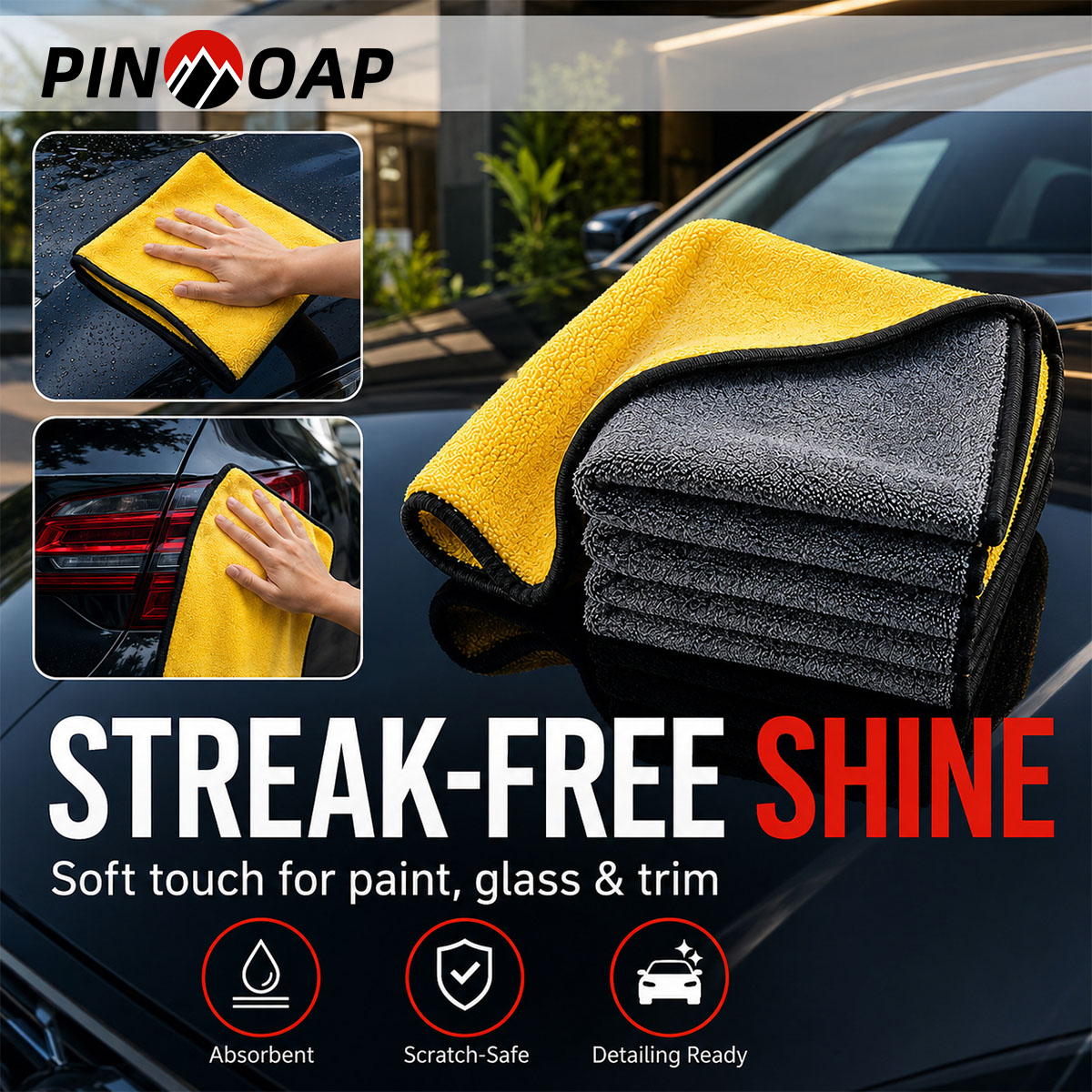 Microfiber Towel Detailing - PINMOAP 1/3/5/10PCS ผ้าทำความสะอาดไมโครไฟเบอร์ผ้าขนหนูดูดซับอเนกประสงค์สำหรับรถยนต์ ครัว กระจก ทำความสะอาดฝุ่น